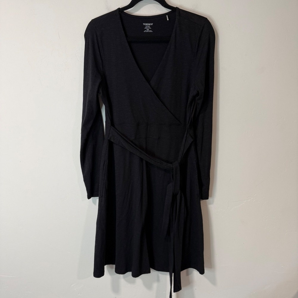 Toad&Co Womens Cue Wrap Dress Large Black Excellent Long Sleeve Cotton Tencel